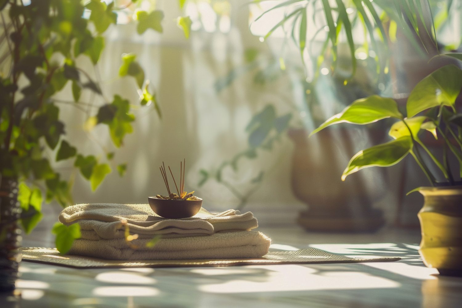 A peaceful Ayurvedic wellness setting in morning sunlight